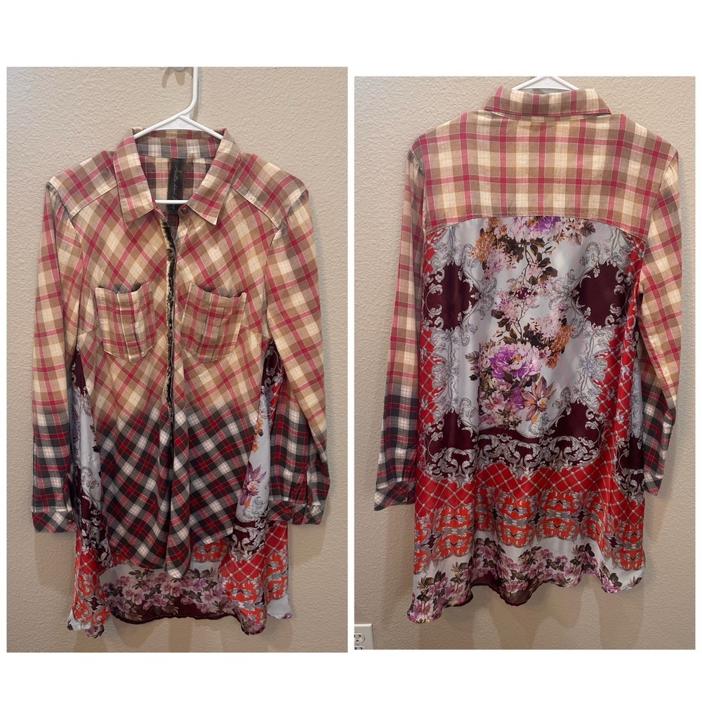 Aratta Silent Journey Plaid Floral Mixed Media Tunic Button Up M Boho Hippie